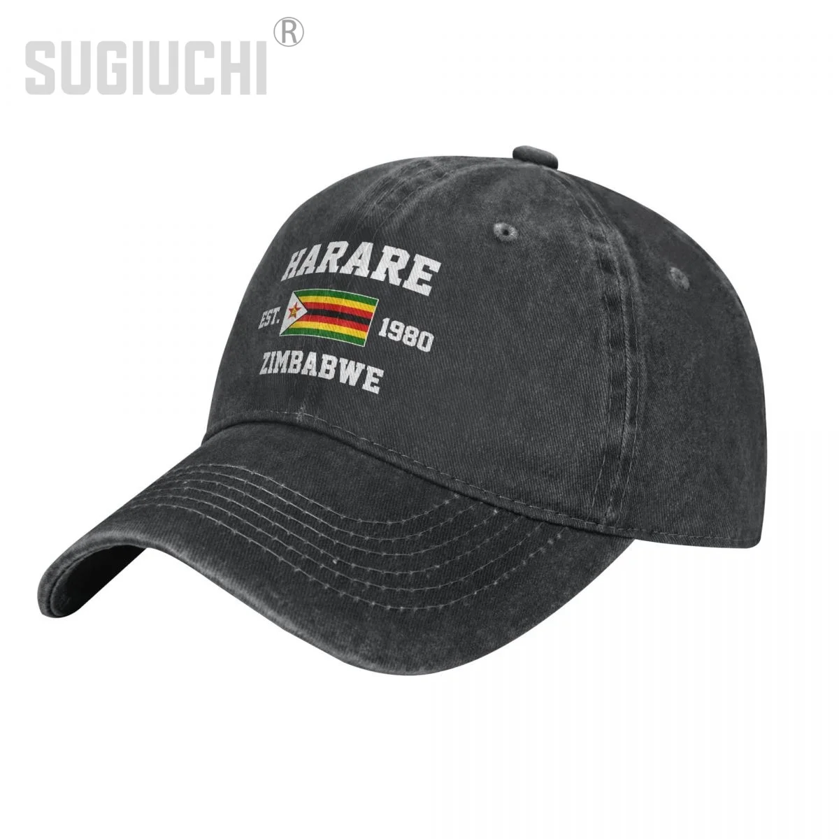 Flag of Zimbabwe EST.1980 Harare Unisex Adult Charcoal Washed Denim Baseball Cap Men Vintage Cotton Dad Patriotic Trucker Hat