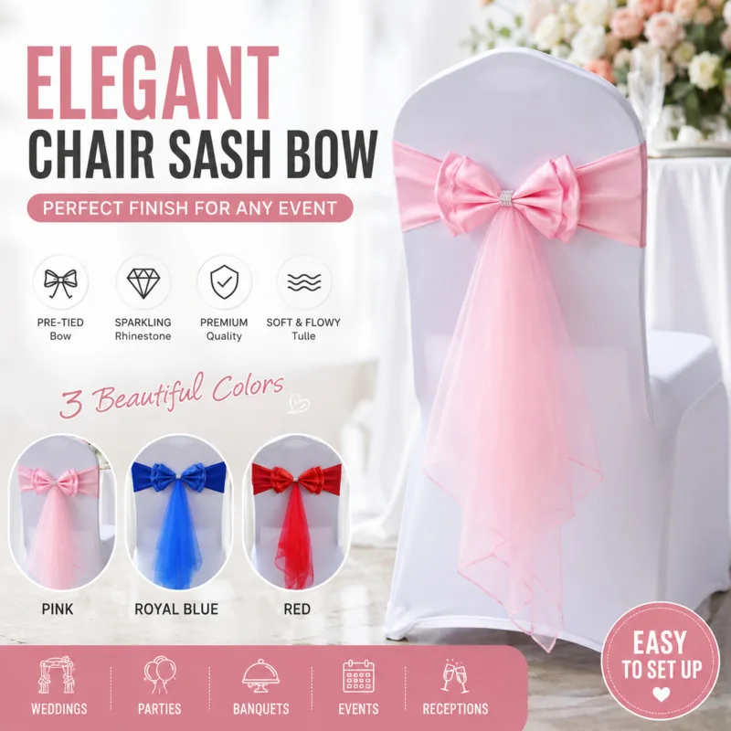 

12cm Bow Chair Back Decor 10Pcs DIY Birthday Wedding Chair Sash Cover Stretch Ribbon Banquet Hotel Party Chair Decoration New