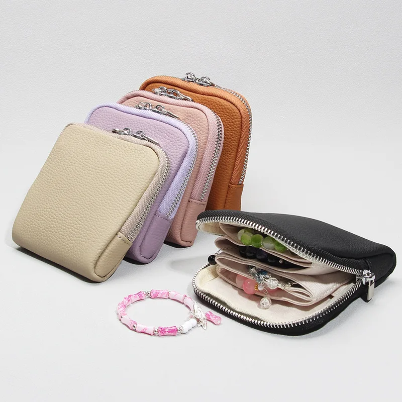 Women Genuine Leather Jewelry Pouch Ladies Small Travel Organizer Zip Around Coin Purse with Double Zipper Multi Layer Storage