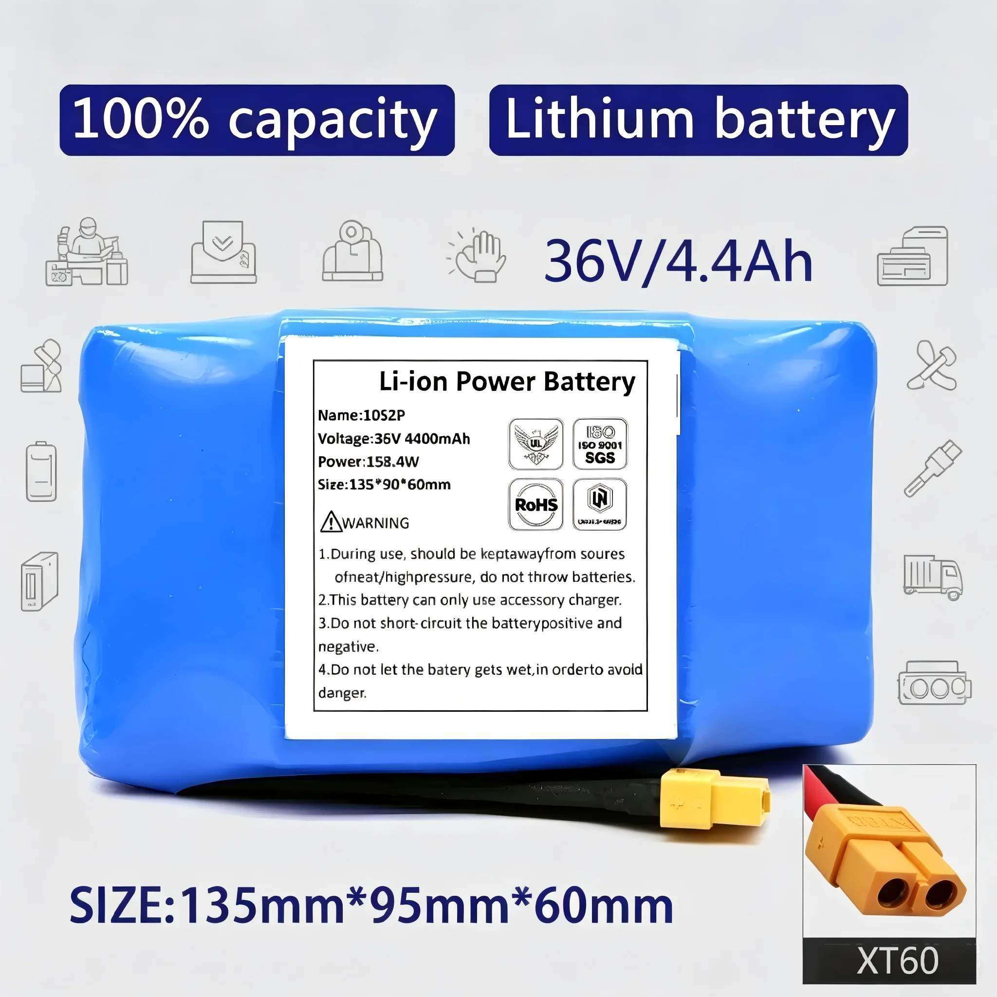 

36V 4.4Ah/5.6Ah/6. 4Ah/7Ah Rechargeable Lithium Battery with XT60 Connector for E-Bike Scooter Hoverboard Unicycle