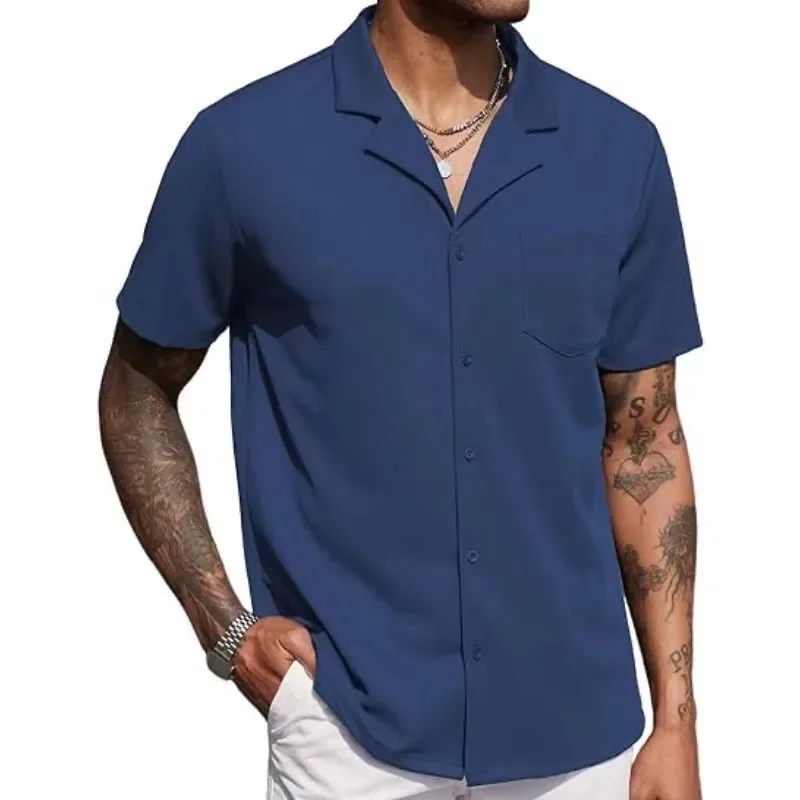 

New Mens Shirts Summer Button Short Sleeve Cuban Knitted Beach Shirt for Men