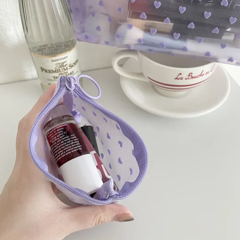 Heart Printed Mesh Make Up Bag Women Cosmetic Storage Bag Travel Organizer Holder Purse Purple Clear Sanitary Napkin Pad Bags