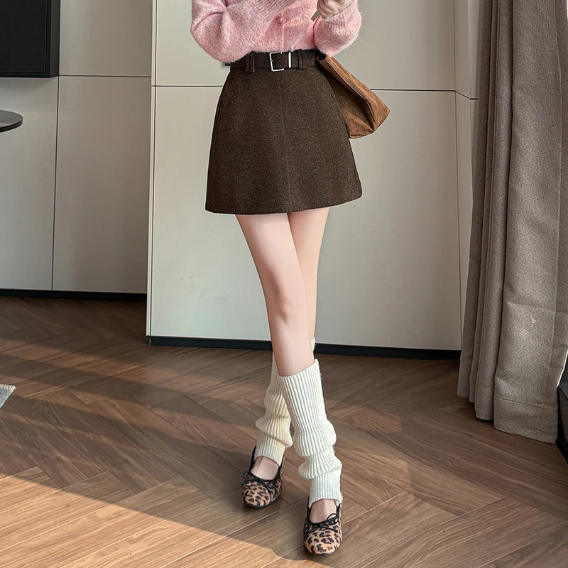 سيوليش خريف شتاء جديد خمر الصوفية المرأة التنانير القصيرة مع مربوط عالية الخصر الكورية ألف خط مثير التنانير الصغيرة الإناث