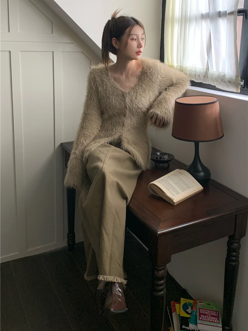 CHEERART Mohair Khaki Fuzzy Cardigan Women V Neck Button Up Flare Sleeve Fluffy Designer Long Cardigan Korean Fashion Knitwear