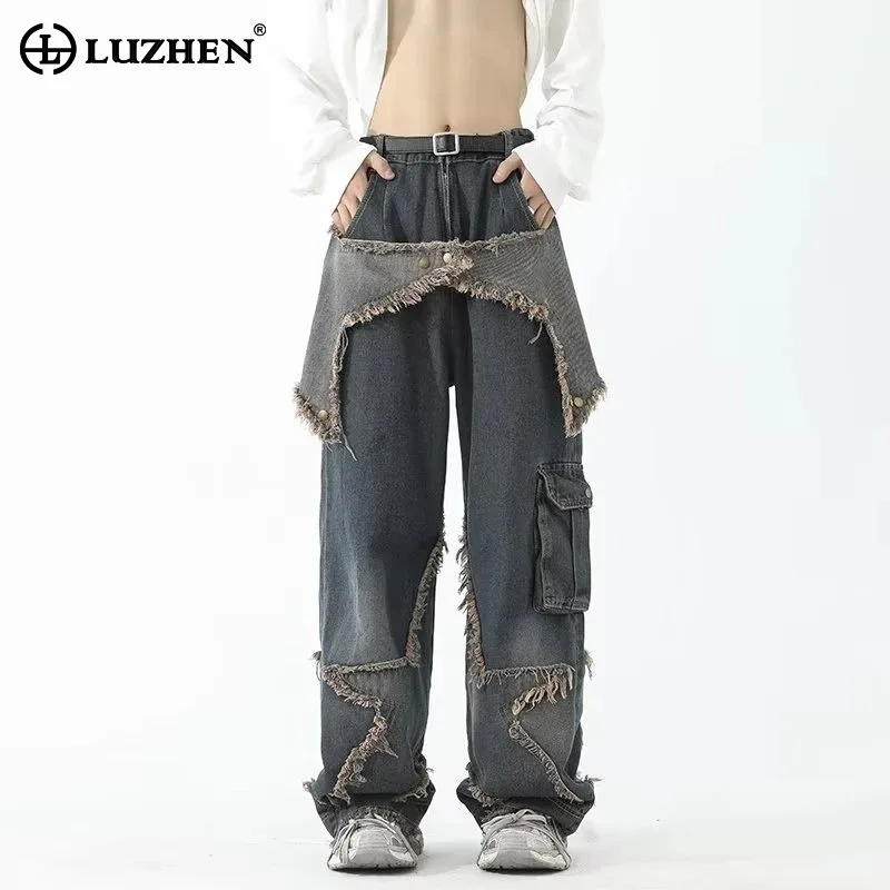 

LUZHEN 2024 Autumn New Jeans Loose Burrs Vintage High End Streetwear Handsome Wornout Designer Denim Pants Straight Male LZ5839