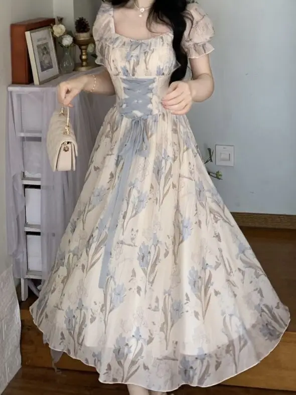 Damen-Midikleid im Vintage-Stil mit Blumendruck, süßes A-Linien-Kleid mit Puffärmeln und Schnürung am Korsett-Taille, elegantes Partykleid im französischen Stil