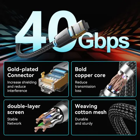 Vention CAT8 ईथरनेट केबल 40Gbps 2000MHz CAT 8 नेटवर्किंग कॉटन ब्रेडेड इंटरनेट लैन कॉर्ड लैपटॉप PS 5 राउटर RJ45 केबल के लिए 8 best sales बिल्ली 8 - №4
