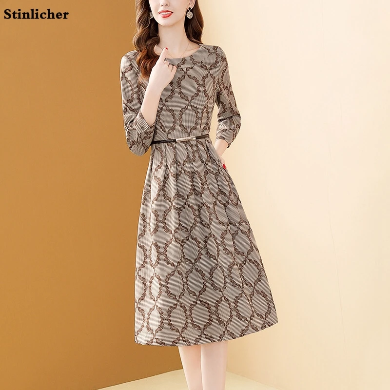 

Vintage Houndstooth Plaid Dress Women Spring Autumn Long Sleeve Belt Chain Office Ladies Work Long Dress Midi Robe Vestidos New