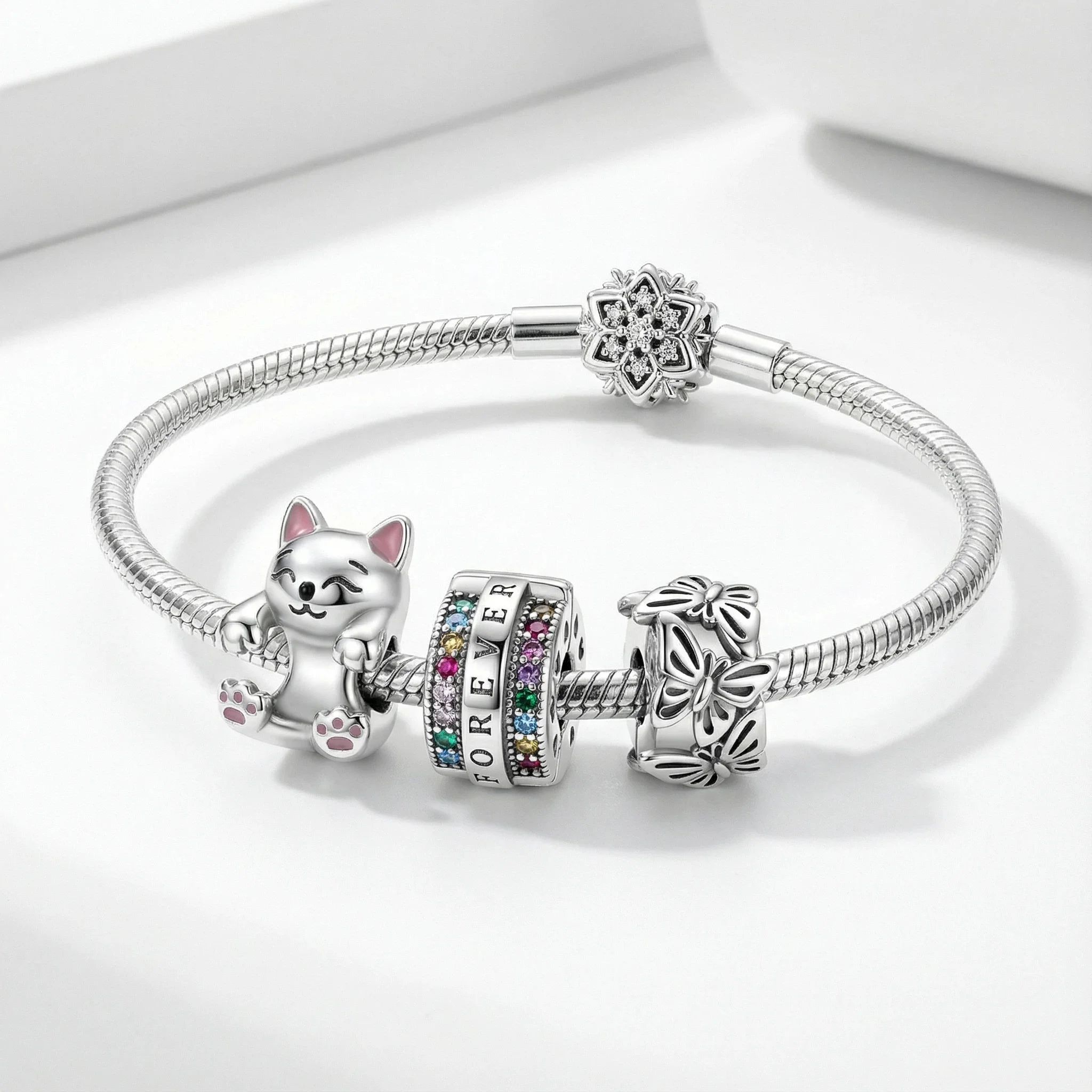 

925 Sterling Silver Milk cat buckle Charms Pendant with Cubic Zirconia,Fit DIY bracelet necklace Gift for Her,Colgante Plata