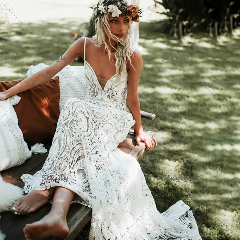 Spaghetti Straps Lace Boho Wedding Dress Rustic Style Backless Mermaid Bohemian Hippie Civil Wedding Gowns With Train 2022 Bride