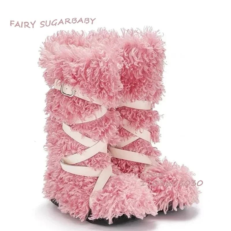 الجلد المدبوغ حزام أبيض وردي طويل الفراء هدية أحذية الفتيات الشتاء الدانتيل الركبة الجوارب اللون الأسود حذاء الثلج المسطح أفخم النساء الربيع تنوعا #6