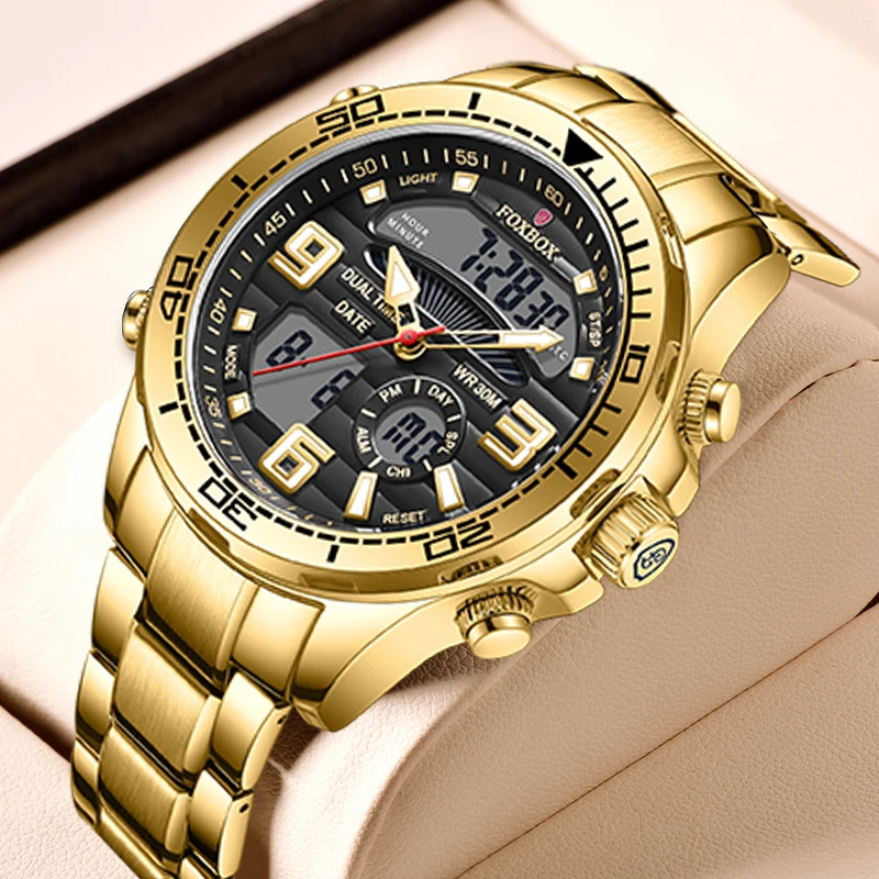 FOXBOX Outdoor Man Electronic Watch Stainless Steel Quartz Date Alarm Casual Sports Waterproof Digital Watches Male Chronograph