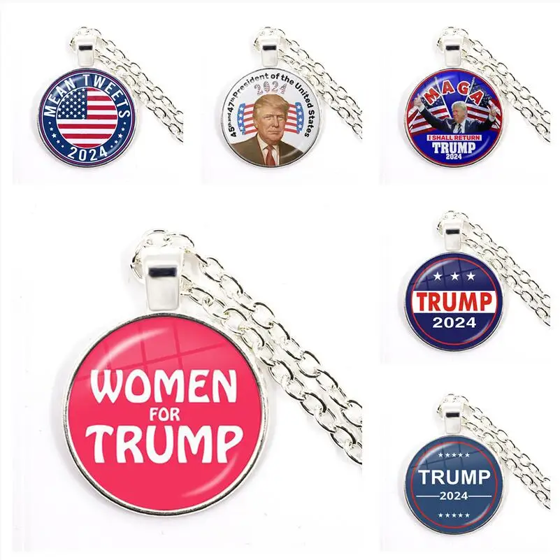 Women For Trump 2024 American Election Glass Cabochon Necklace 3D Print Silver Color Pendant Necklace Jewelry For Women Men