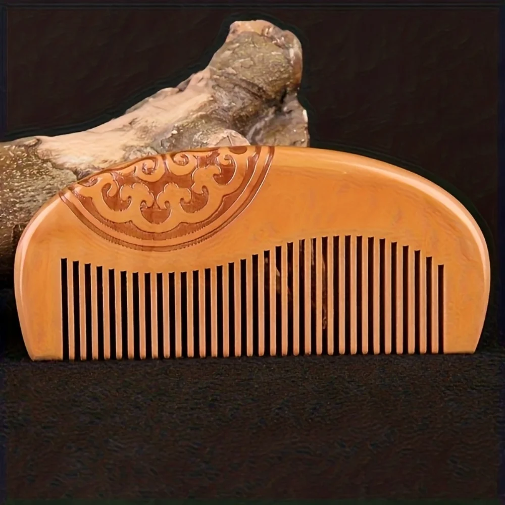 1 Natural Peach Wood Comb, Double-Sided Carved Hair Comb for Home Use, Straightening and Smoothing Hair Comb - view 2