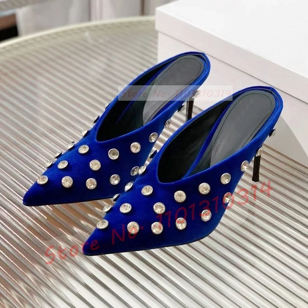 Velvet Pointy Gems Mules Women Real Leather Luxury Crystal V-shape High Heels Slippers Ladies Casual Bling Fashion Shallow Shoes