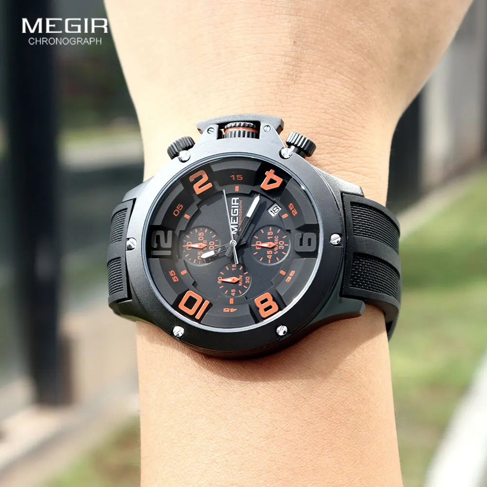 MEGIR Military Sport Quartz Watch Men Fashion Waterproof Wristwatch with Silicone Strap Luminous Hands Date Chronograph Black