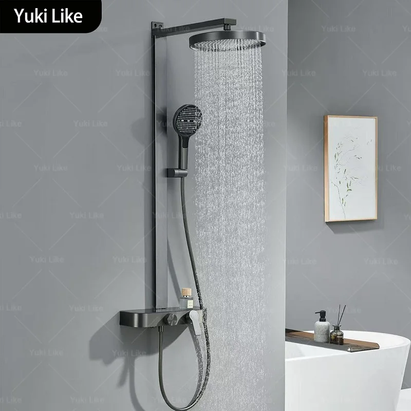 

Gunmetal Gray Boosting Shower Set Bathroom Household Hot and Cold Water Square Tube Simple Knob Style Shower System Set