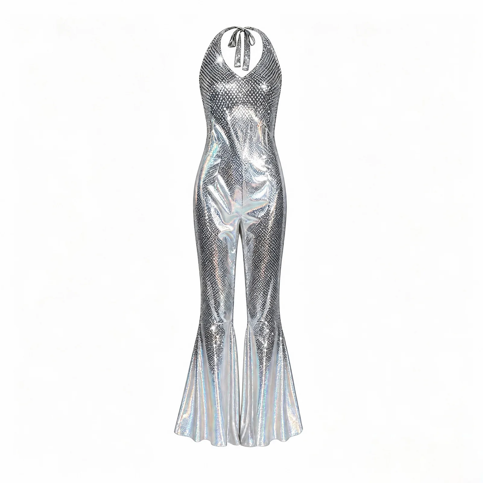 Funkelnder Metallic-Discobodysuit für Damen, ärmellos, mit V-Ausschnitt, rückenfrei, Schlaghose, 70er-Jahre-Nachtclub-Bühnen-Cosplay-Outfit – Detail 25