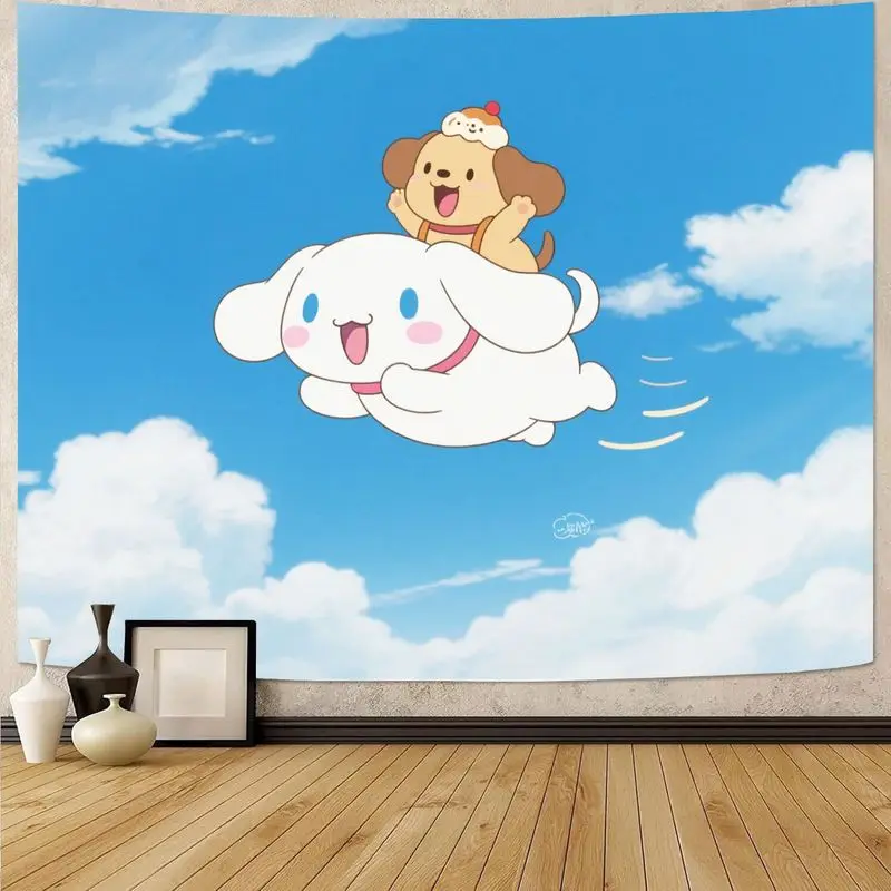 

1PC Sanrio Cinnamoroll & Dog Flying Tapestry, Kawaii Blue Sky Cloud Polyester Wall Art for Bedroom Living Room Decor Gift