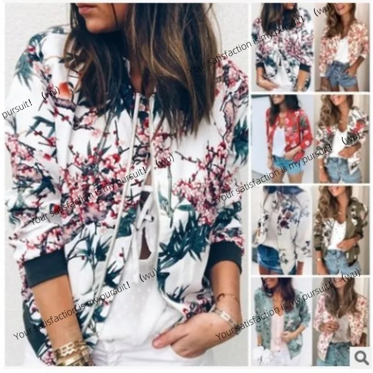 

ZOCI-2025 Women's Jacket, Spring and Autumn Fashion Wide Leg Sleeve Floral Print Crew Neck Zipper Long Sleeve Jacket
