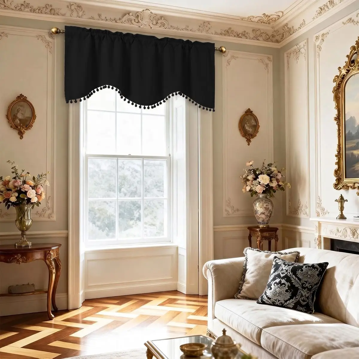 Black European S-Shaped Valance Curtain, High Density Polyester Window Drape with Pom Pom Lace Trim, Blackout Privacy Window Cur