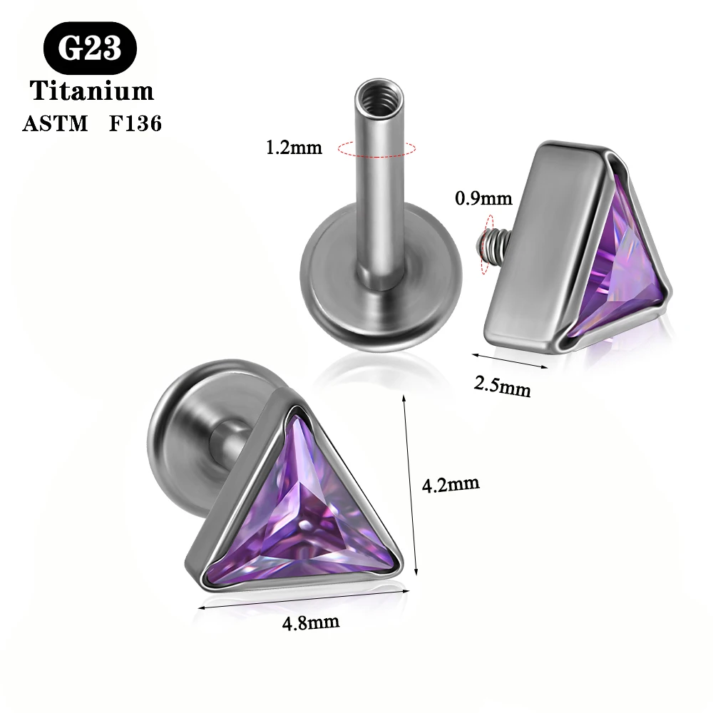 1PC ASTM F136 Titanium Thick Trangle CZ Labret Ear Lobe Helix Tragus Cartilage Studs Lip Piercing Jewelry 1.2x8mm