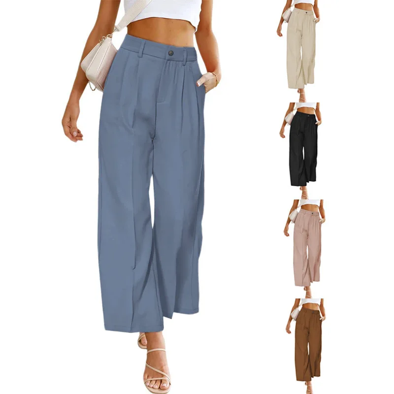 

2024 Spring/summer New Women's Casual Wide-leg Suit Pants High Waist Button Long Belt Pocket