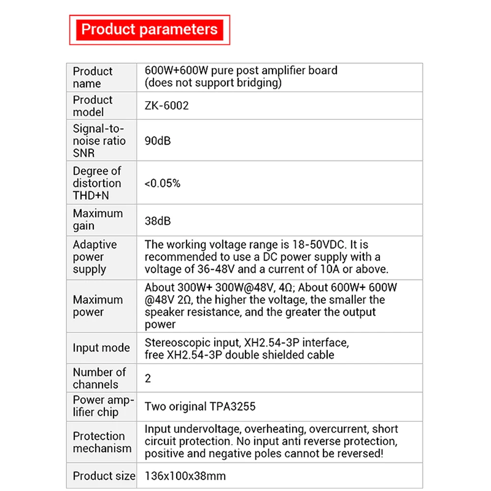 DC 18~50V ZK-6002 순수 포스트 증폭기 보드 2.0 채널 HiFi 스테레오 600Wx2 고출력 오디오 증폭기 TPA3255 칩 증폭기