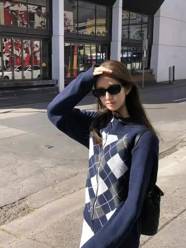 

Retro Lazy Diamond Pattern Zipper Knitted Sweater Coat Women's Casual All-Match Cardigan Top Spring Autumn Winter Faion