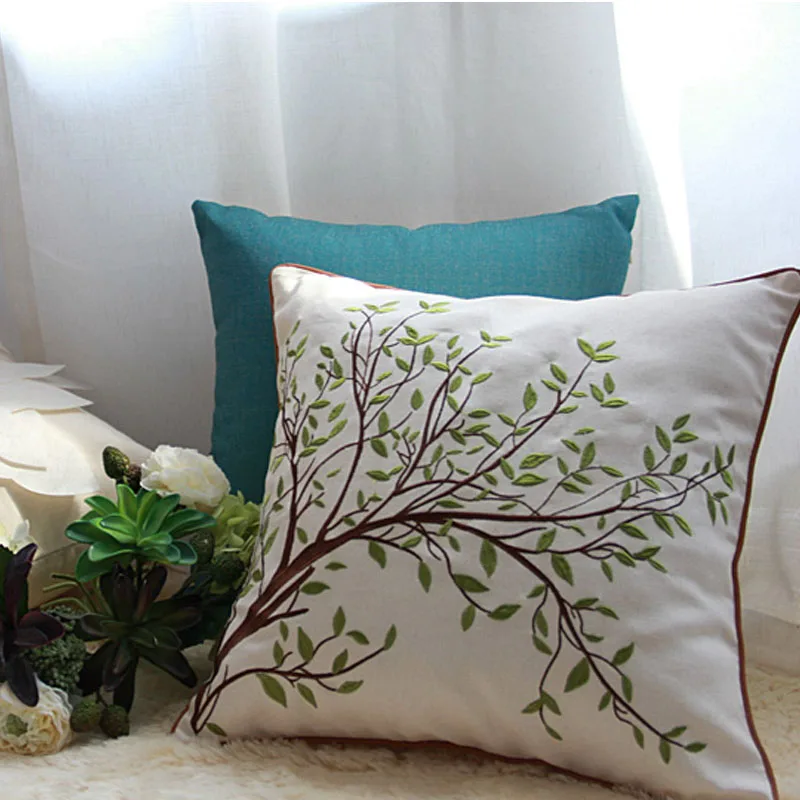 Embroidery Green Leaf Tree flower dragonfly Cotton Linen Pillowcase Sofa Decorative Pillows Home Decor Pillow Cover Natural