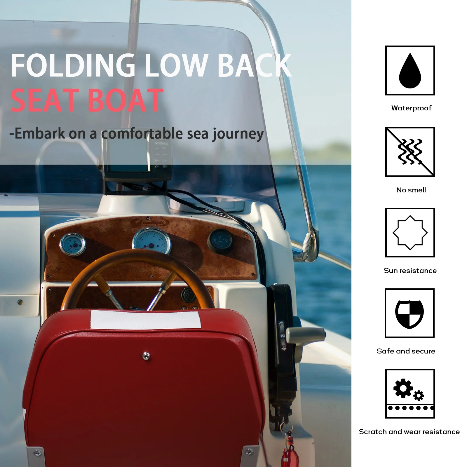 Boat Seat Fold Outdoor Red White Marine PVC  Seat Waterproof Low Back Bass Boat Seat for Fishing Boat Chair