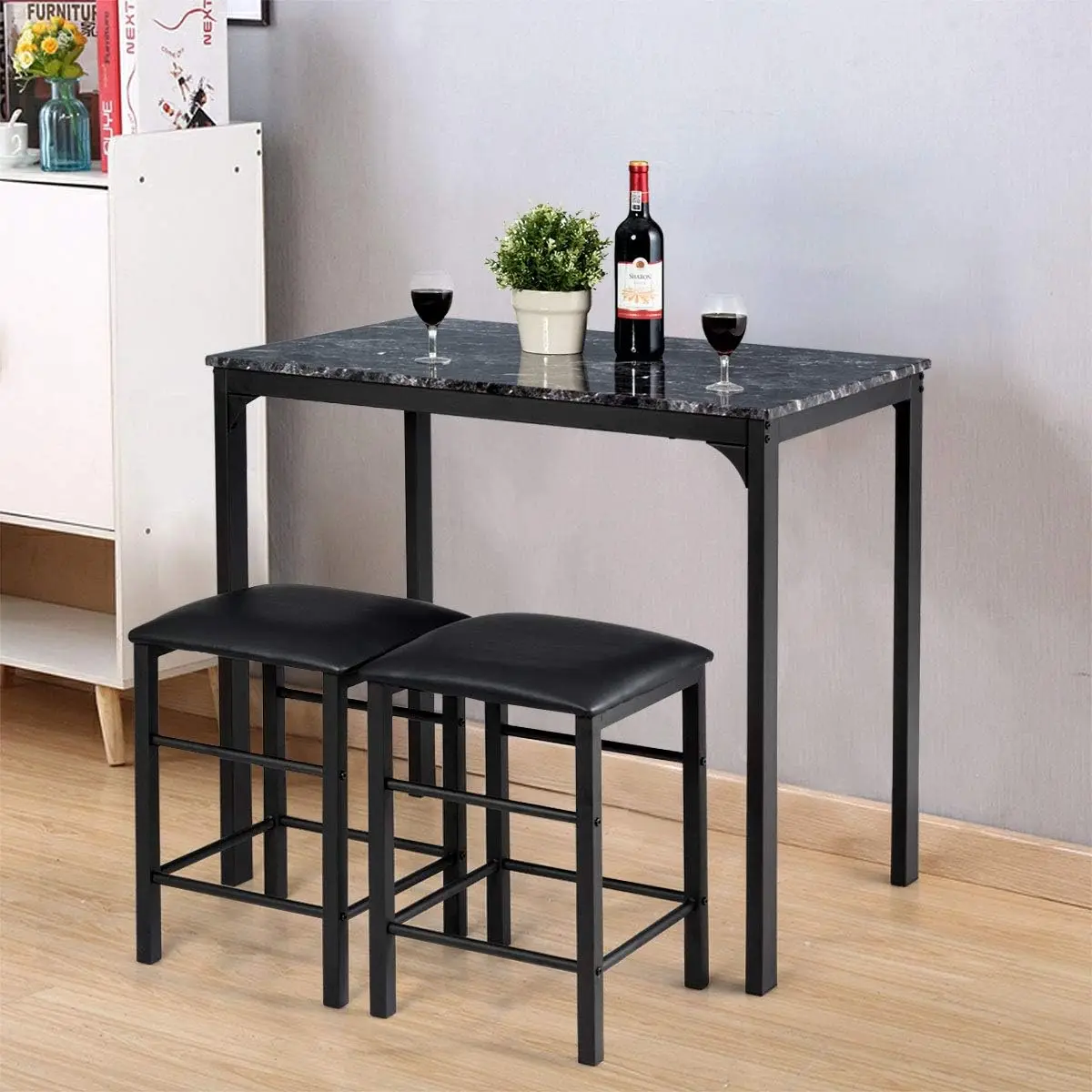 Reuniong 3 Pcs Dining Table And Chairs Set, Chairs And Table Set With Marble Tabletop, Indoor Modern Dining Table Furniture Set