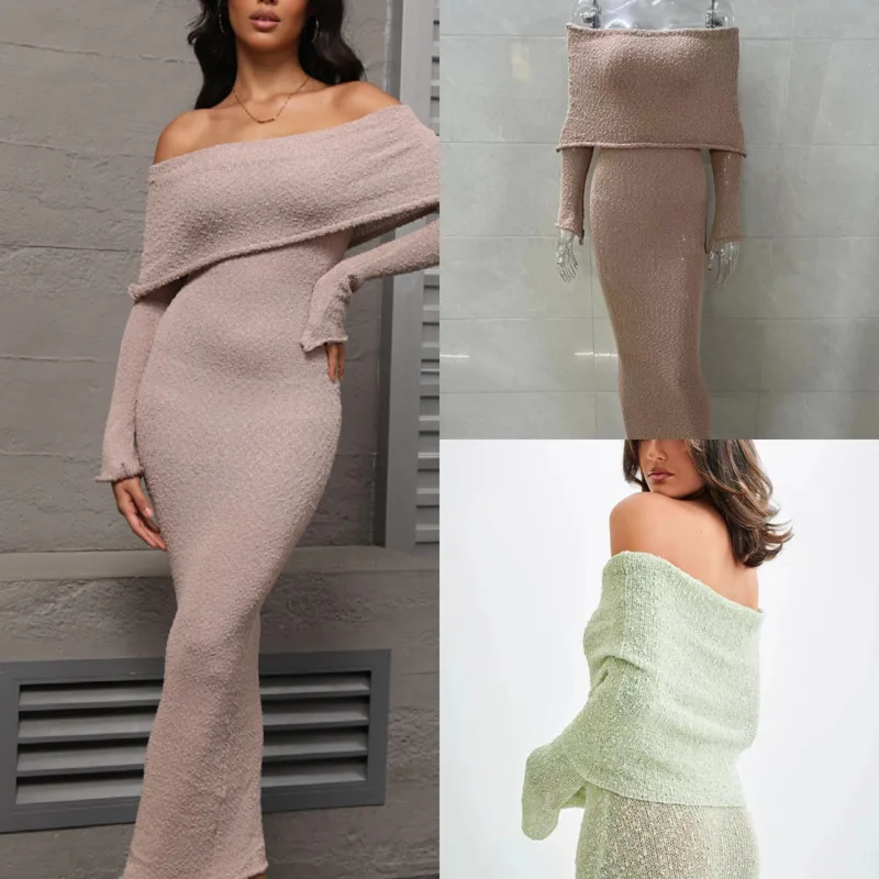 

Elegant Women Off Shoulder Long Sleeve Knit Maxi Dress Slim Fit Hollow Out Sexy Bodycon Knitted Long Dress Party Evening Outfit