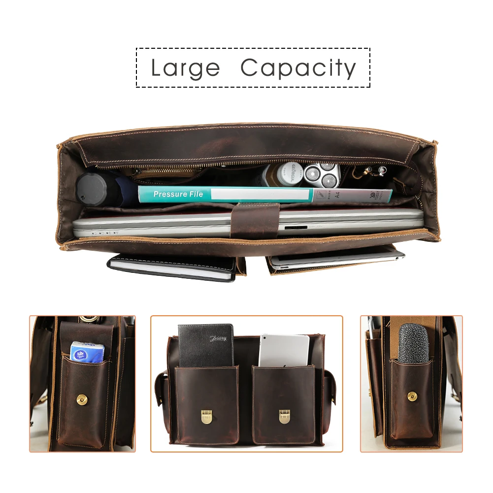High Quality Luxury Large Capacity 17 inches Laptop Bag Genuine Full Grain Real Messenger Bag Cow Crazy Horse Leather Briefcase