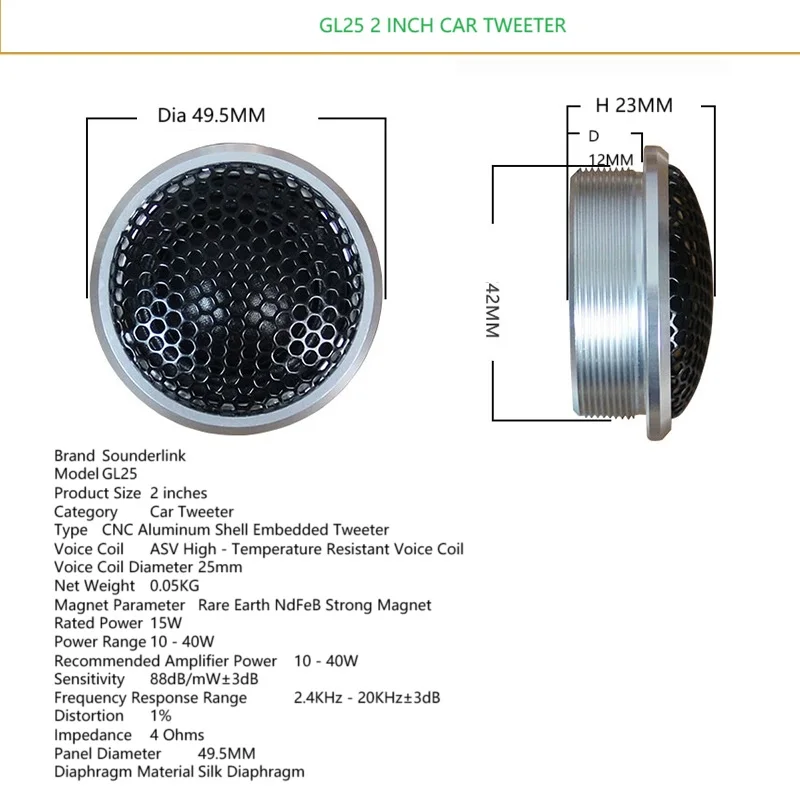 Sounderlink 2 uds 2 pulgadas Tweeter de aluminio para coche cúpula diafragma de seda 4 Ohm 15W controlador de altavoz de música HiFi