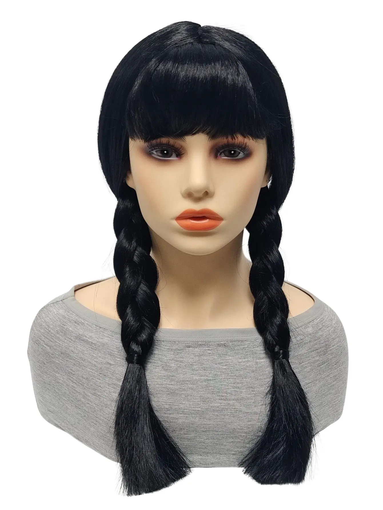 شعر مستعار كوسبلاي لشخصيات الأفلام والتلفزيون، شعر مستعار صناعي أسود مزدوج المضفر، غرة حادة طبيعية مع نمط خط شعر مفصول #2