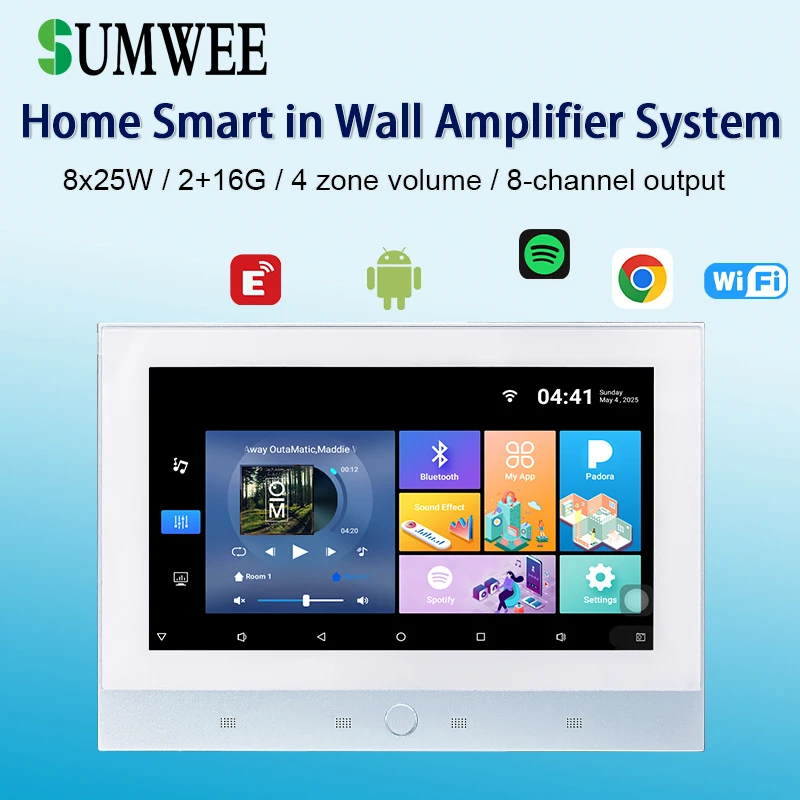 Home Smart auido in wall power amplifier WIFI HDMI Android Background music player system 7 inch touch screen TUYA control panel