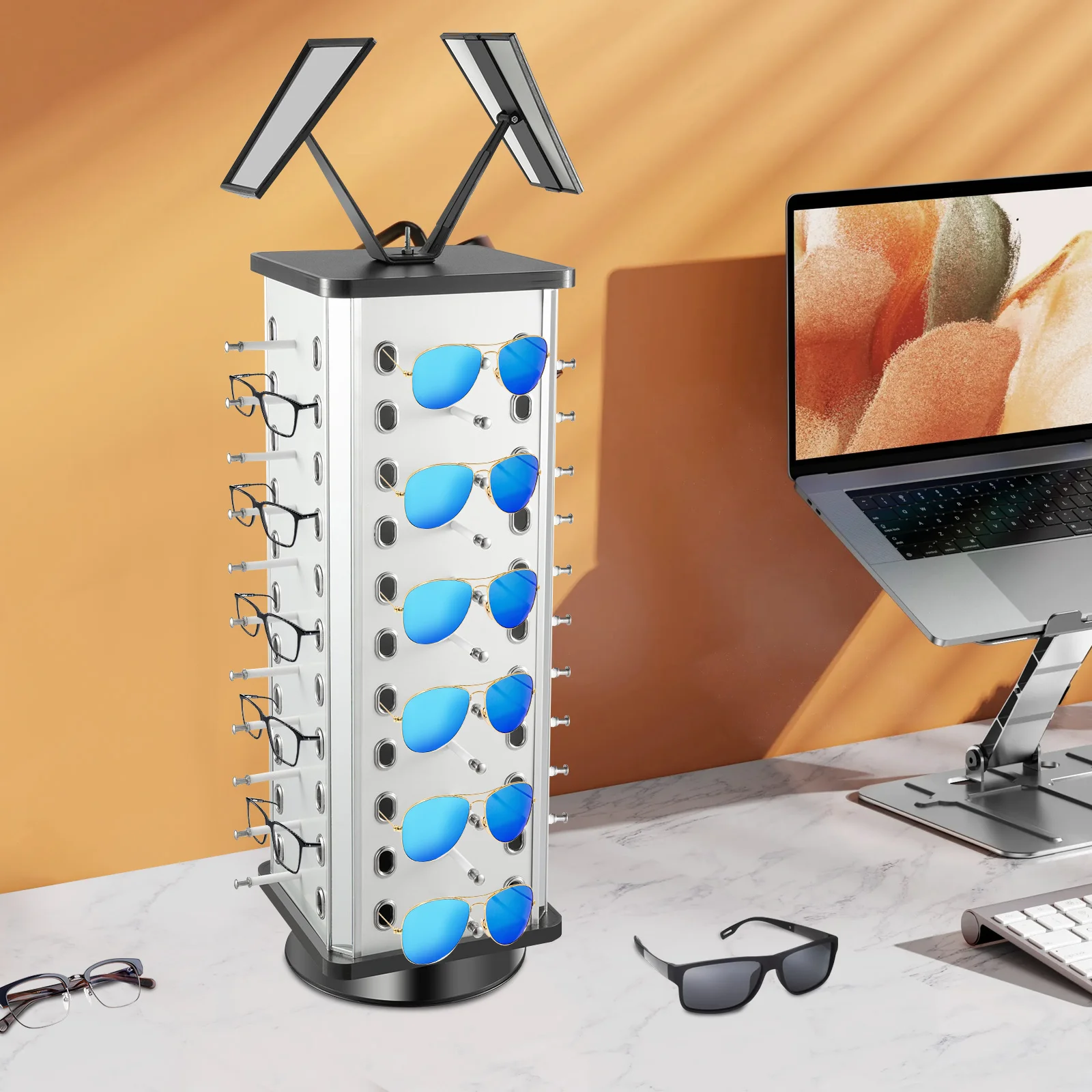 

Вращающаяся подставка для очков с зеркалами, большая вместимость, стеллаж для хранения солнцезащитных очков для оптических магазинов