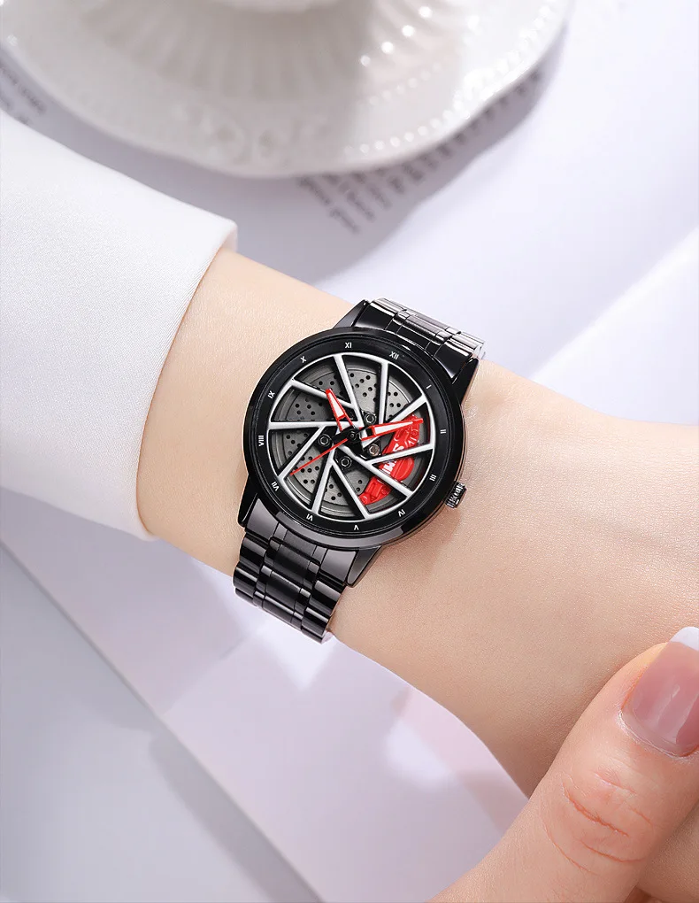 Men Quartz Watch Car Wheel Rim Hub Clock Hollow Sports Skeleton Black Green Reloj Male Luxury Business Man Steampunk Wristwatch