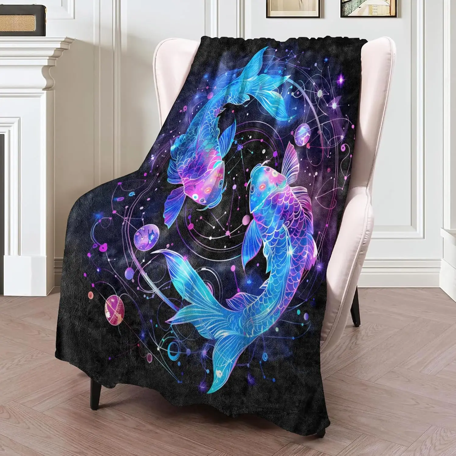 Cosmic Dragon Flannel Blanket, Mystical Purple and Blue Fantasy with Majestic Animal and Starry Sky, Magic Fans Decor Gifts