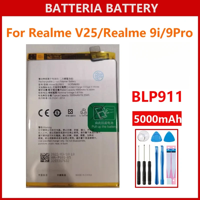 

5000mAh BLP911 Battery For OPPO Realme V25 / Realme 9i Realme 9 Pro 9pro Replacement Batteria Batteries+Tools
