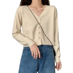 Cardigan corto da donna in tinta unita per capispalla primaverili e autunnali Top Casual lavorato a maglia con scollo a v