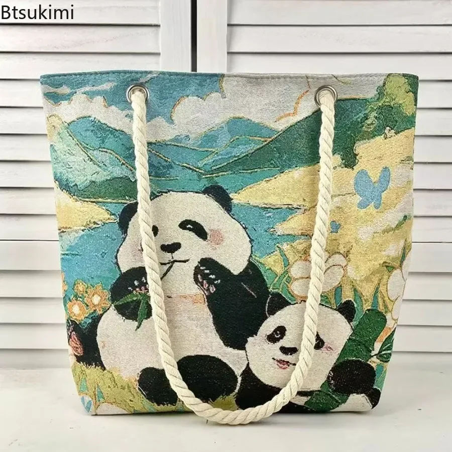 New Casual Outdoor Canvas Bags Cute Panda Pattern Tote Bags Women's Portable Shoulder Bag Student Handbags Zipper Commuting Bags