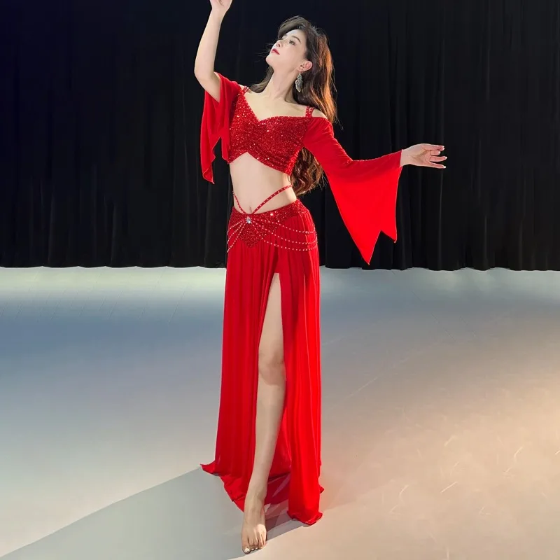 Profesjonalny zestaw kostiumów do tańca brzucha dla kobiet, seksowny, cekinowy strój orientalny do tańca brzucha, top + spódnica, strój do występów i ćwiczeń.