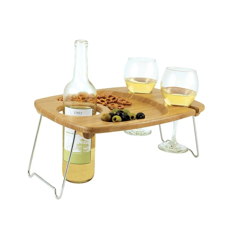 Bamboo Wine Glass Cup Holder  /Folding Snack Table for 2 Bottle     picnic time