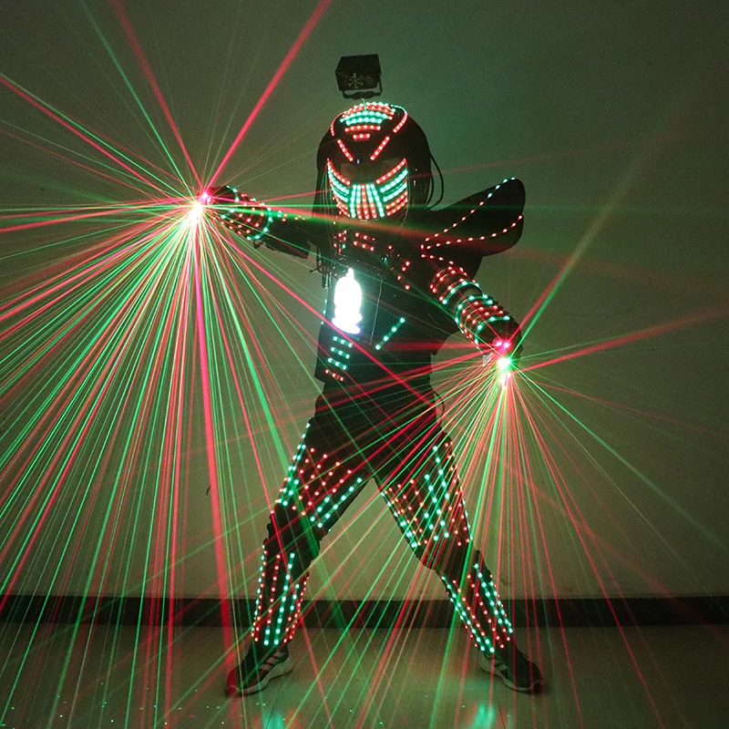 Pixel a colori LED Costume da robot Vestito da ballo di scena LED Giacca luminosa Abbigliamento Abbigliamento da prestazione Casco laser con guanti laser