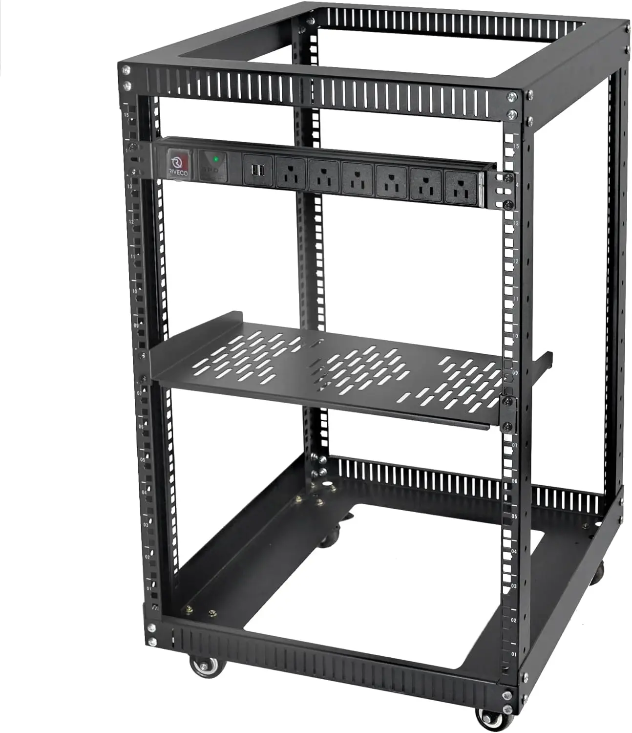 19 Inch Open Frame Server Rack with Wheels Including Rack Shelf & Power Strip Universal for 19