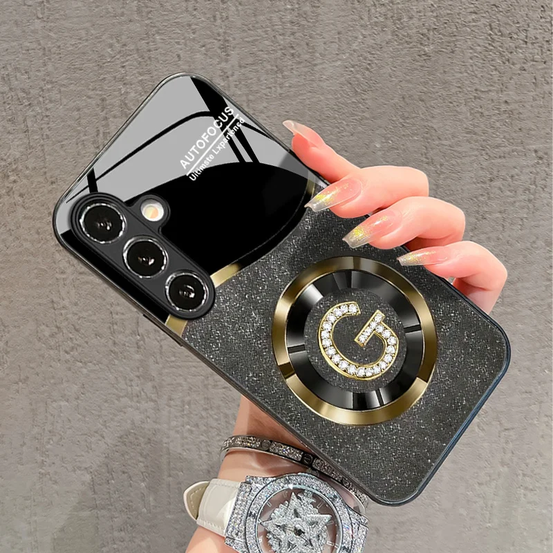 Black gold letter G pattern glass phone case suitable for Samsung Galaxy S26 S25 S24 S22 S21 S20 FE/Ultra/Plus5G anti drop