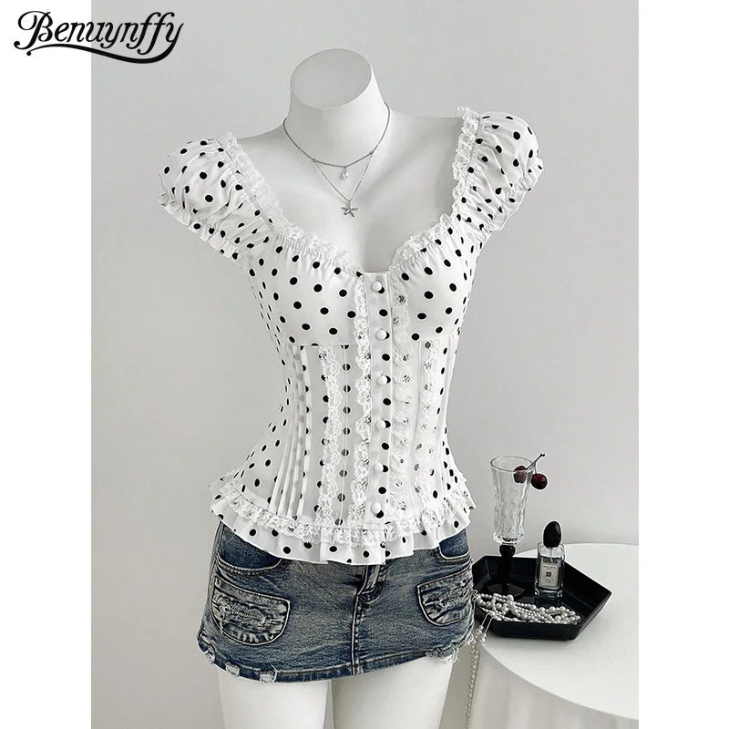 Benuynffy Polka Dot Sweetheart Neck Frill Trim Blouse Women Summer Contrast Lace Puff Sleeve Button Front Sweet Shirt Top 2026