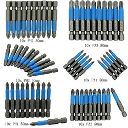 10Pcs/Lot 50mm PZ/PH Anti Slip Pozidrive Bits Hex Shanked Screwdriver Bits GCr15 Magnetic Single Head